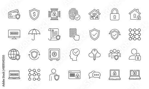 Cybersecurity line icon set. Vector pictograms of shield, padlock, smart home, credit card, fingerprint, laptop, cloud, safe, and network, thin linear illustration.