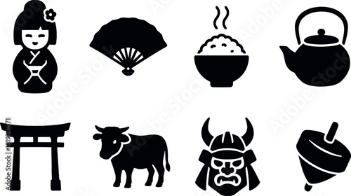 Japanese cultural icons kokeshi fan rice teapot torii gate cow samurai helmet spinning top