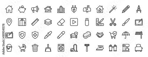 Diverse collection of outline icons. Vector pictograms of household items, creative tools, business concepts, and digital devices, thin linear illustration.