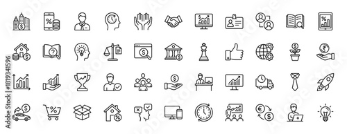 Business and finance line icon set, featuring pictograms of mobile banking, growth, global operations, shopping, delivery, currency, and teamwork.