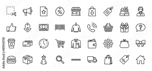 E-commerce and shopping line icon set. Vector pictograms of store, shopping bag, cart, payment, delivery, discount, customer service, and ratings, thin linear illustration.