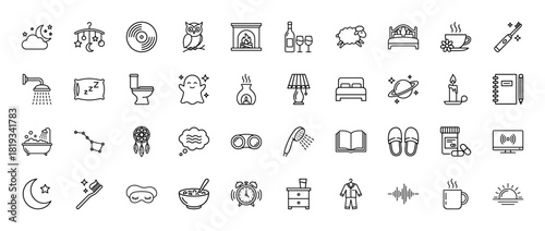 Bedtime and daily routine line icon set. Vector pictograms of moon, bed, pillow, shower, toothbrush, alarm clock, pajamas, and teacup, thin linear illustration.