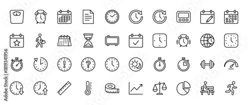 Time management, planning, and measurement icon set. Vector pictograms of calendars, clocks, stopwatches, weight scales, thermometers, and data graphs, thin linear illustration.