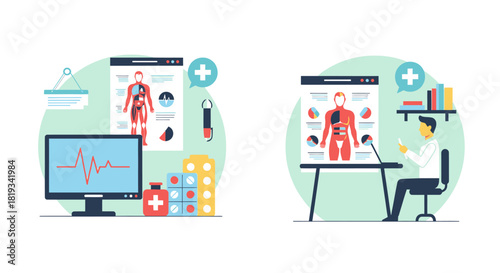 Medical office with human anatomy charts and doctor studying.