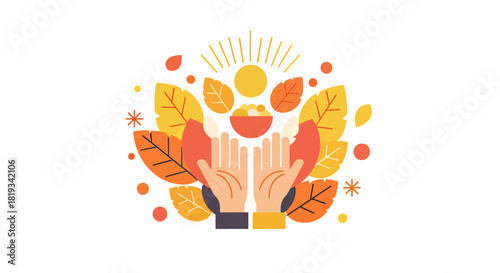 Hands holding a bowl surrounded by autumn leaves and sun rays.