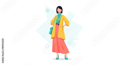 Stylish woman in vibrant yellow coat and coral skirt.