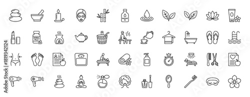 Spa, beauty, and wellness line icon set. Vector pictograms of massage stones, bamboo, candles, massage oil, facial masks, herbal pills, sauna, yoga, and hair care, thin linear illustration.