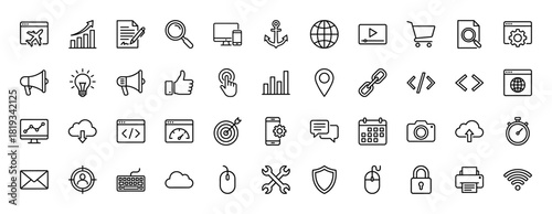 Digital marketing and web services line icon set. Vector pictograms of search, globe, shopping cart, megaphone, analytics, cloud, mail, and settings, thin linear illustration.