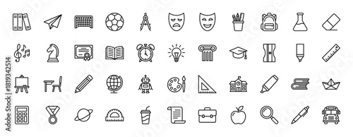 Education and school line icon set. Vector pictograms of books, diploma, backpack, graduation cap, ruler, globe, school building, and trophy, thin linear illustration.