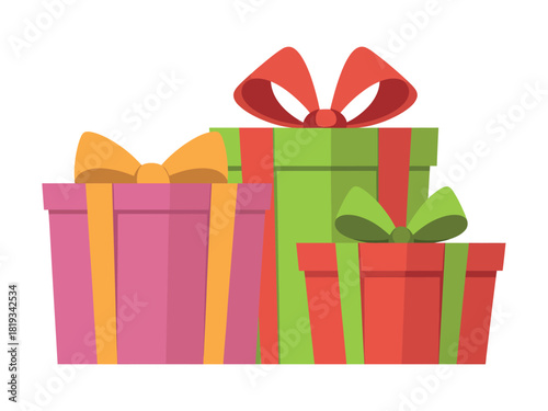 A trio of brightly colored gift boxes tied with bows awaits opening.