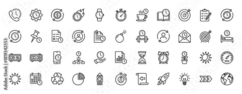 Time management line icon set. Vector pictograms of clocks, stopwatches, calendars, alarm clocks, hourglasses, watches, checklists, and deadlines, thin linear illustration.