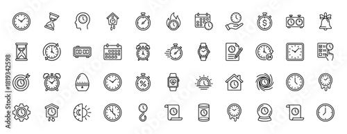 Time management line icon set. Vector pictograms of clocks, hourglasses, stopwatches, calendars, alarm clocks, and urgent deadline concepts, thin linear illustration.