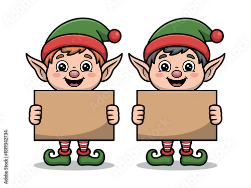 Two cute cartoon elves holding blank cardboard signs for text or graphics