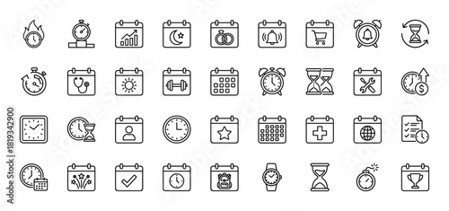 Time and calendar management line icon set. Vector pictograms of alarm clocks, stopwatches, hourglasses, various calendars, and wristwatches, thin linear illustration.