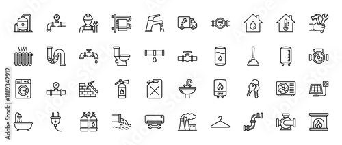 Home services and utilities line icon set. Vector pictograms of pipes, faucet, toilet, radiator, plumber, and air conditioner, thin linear illustration.