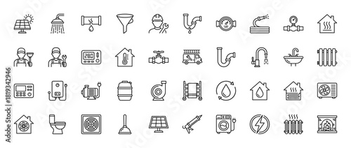 Home services and utilities line icon set. Vector pictograms of plumber, pipes, shower, heating, cooling, solar panel, washing machine, toilet, and repair tools, thin linear illustration.