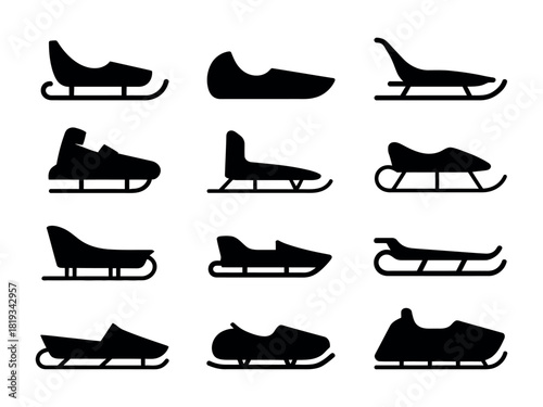 Diverse collection of sled silhouettes represents winter activities.