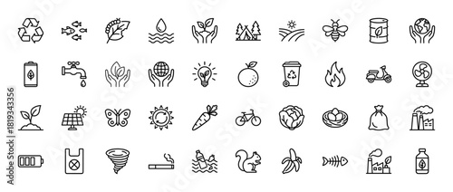 Environmental ecology line icon set. Vector pictograms of recycling, leaf, solar panel, earth, water, factory, plant, bicycle, and battery, thin linear illustration.