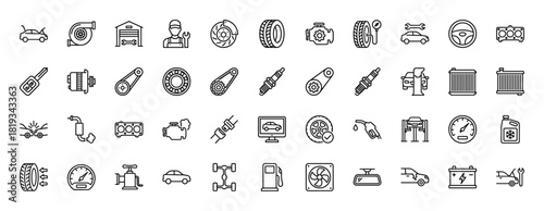Automotive service line icon set. Vector pictograms of engine, brake disc, tire, mechanic, car key, fuel pump, battery, radiator, and diagnostics, thin linear illustration.