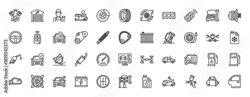 Automotive line icon set. Vector pictograms of car engine, brake, tire, mechanic, garage, steering, fuel pump, and diagnostics, thin linear illustration.