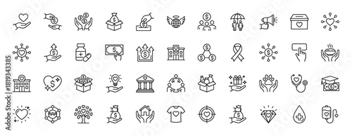Charity and donation line icon set. Vector pictograms of giving hands, medical care, community, fundraising, and social support, thin linear illustration.