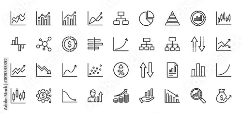 Business and data analytics icon set. Vector pictograms of bar charts, line graphs, pie charts, organizational charts, financial growth, and market analysis symbols, thin linear illustration.