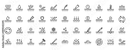 Dermatology and skincare line icon set. Vector pictograms of hydration, protection, sun, regeneration, molecules, hair, and cosmetic treatments, thin linear illustration.