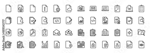 Business and data management line icon set. Vector pictograms of files, charts, folders, checklists, settings, and communication elements, thin linear illustration.