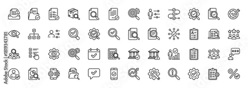 Business quality audit line icon set. Vector pictograms of analysis, verification, inspection, document, gear, chart, folder, people, and workflow, thin linear illustration.