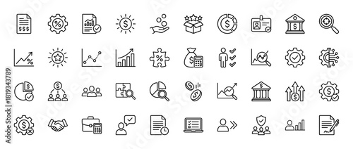 Business and finance line icon set. Vector pictograms of financial documents, charts, money, data analysis, strategy, and management, thin linear illustration.