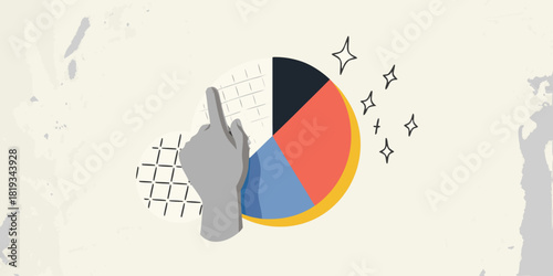 Hand interacting with pie chart for data analysis and insights