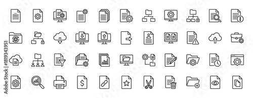 Data management line icon set. Vector pictograms of document settings, cloud operations, file security, data analytics, document editing, and system organization, thin linear illustration.