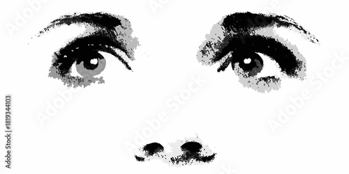 Abstract black and white eyes and nose on white background