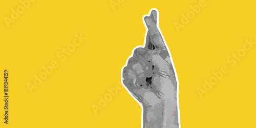 Fingers crossed hand gesture on yellow background for luck or deceit