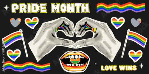 Pride month celebration with rainbow flags hearts and hands making heart shape