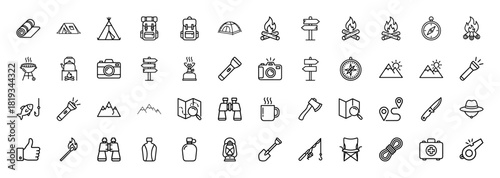 Outdoor camping line icon set. Vector pictograms of tent, backpack, campfire, compass, camera, map, fishing rod, and first aid kit, thin linear illustration.