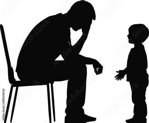 Parent and child silhouette, emotional interaction, seated adult posture, standing child gesture, black on white, support, stress, communication, empathy, family moment