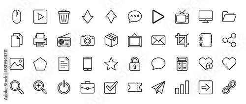 Digital user interface and web line icons. Vector pictograms of navigation, media, communication, device, file, and utility elements, thin linear illustration.