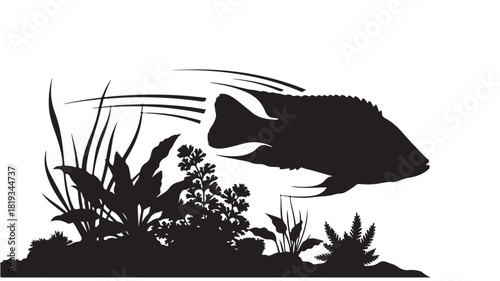 Stunning silhouette of aquarium fish swimming amongst lush aquatic plants, perfect for serene nature designs and peaceful themes, evoking tranquility and underwater beauty