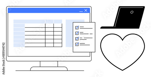 Computer screen with spreadsheet, checklist, black laptop, and heart icon. Ideal for productivity, organization, technology, work-life balance, task tracking business tools modern workflow themes