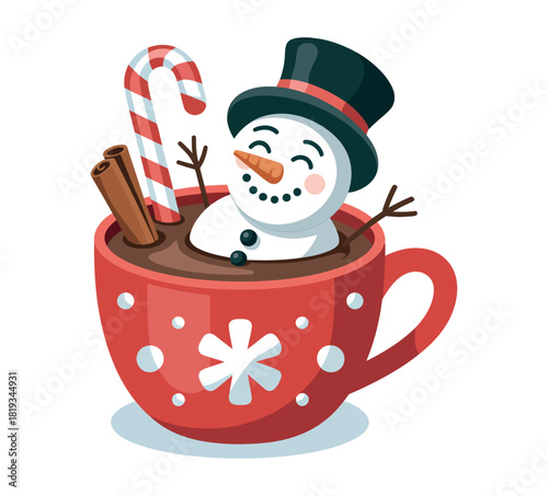 A cheerful snowman enjoys a hot chocolate in a festive mug with a candy cane.