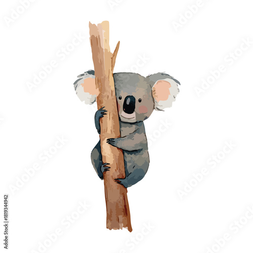Cute Koala Bear Illustration Clinging to Tree Trunk.