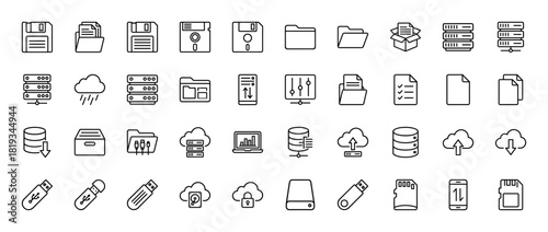 Data storage and cloud computing line icon set. Vector pictograms of floppy disks, folders, cloud storage, servers, databases, USB drives, and documents, thin linear illustration.