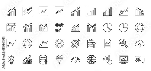 Data analysis and business statistics line icon set. Vector pictograms of bar charts, line graphs, pie charts, trends, reports, and financial elements, thin linear illustration.