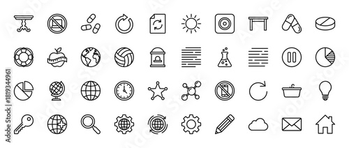 Universal web line icon set. Vector pictograms of refresh, pills, globe, pie chart, flask, clock, gear, and shopping cart, thin linear illustration.