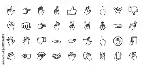 Communication hand gestures line icon set. Vector pictograms of thumbs up, pointing, fist, peace, prayer, handshake, touch and swipe, thin linear illustration.