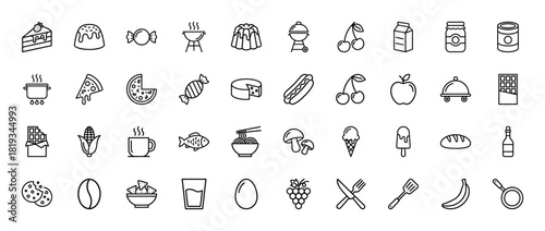 Food and kitchen line icon set. Vector pictograms of barbecue grill, cake, pizza, hot dog, apple, cheese, coffee, and cooking utensils, thin linear illustration.