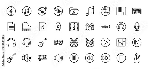 Music and audio line icon set. Vector pictograms of notes, instruments, headphones, media controls, and sound equipment, thin linear illustration.
