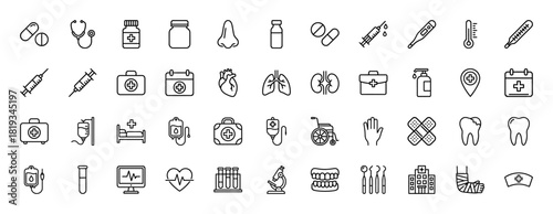 Medical line icon set. Vector pictograms of pills, syringe, stethoscope, thermometer, heart, lungs, hospital, bed, wheelchair, microscope, bandages, teeth, and casts, thin linear illustration.