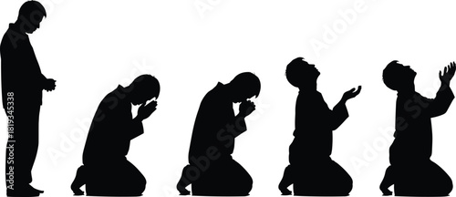 Prayer silhouette sequence, spiritual posture progression, kneeling and standing poses, black on white, devotion, worship gesture, emotional expression, meditation, humility icon